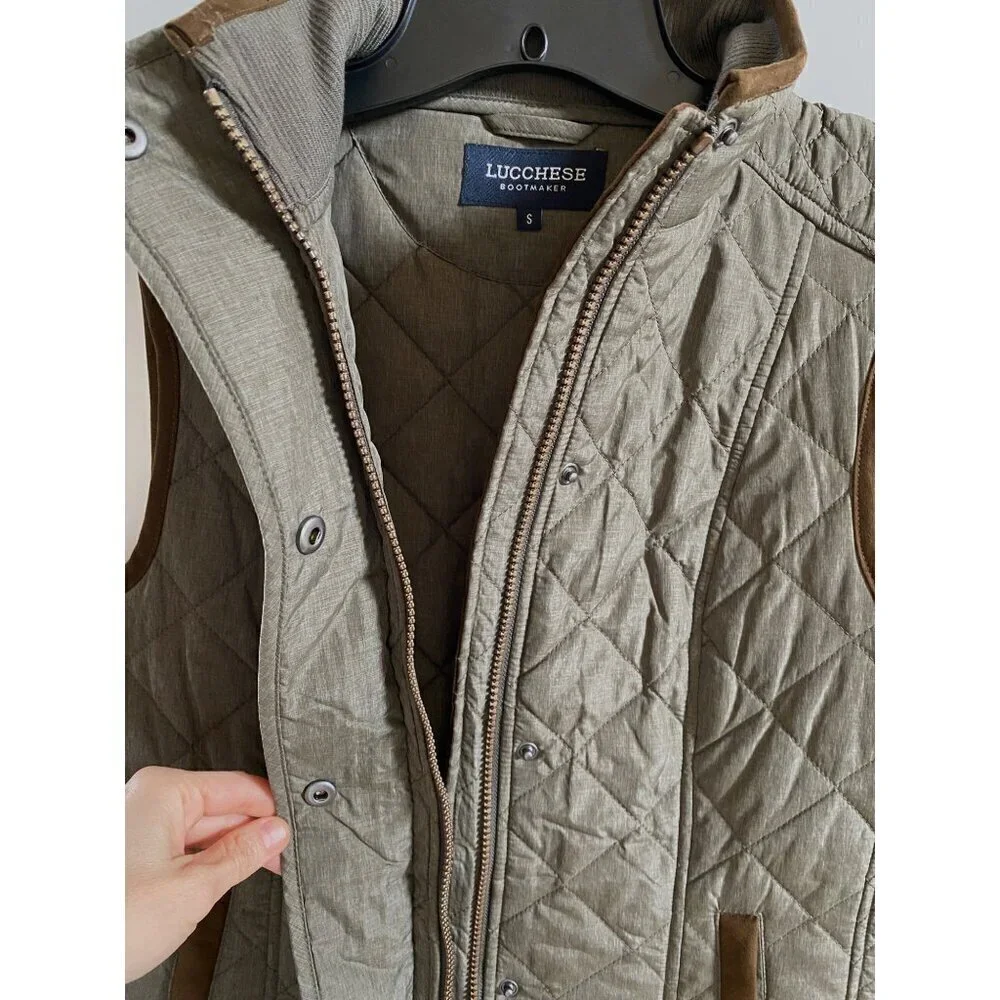 Lucchese Quilted Vest Size Small Green Brown Polyester Micro Suede Zipper Button - Picture 2 of 16